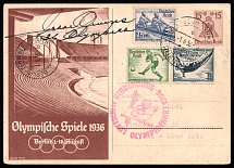 1936 (1 Aug) '1936 'Olympic Games Berlin 1936', Third Reich, Germany, 15pf Postal Stationery Postcard from and to Berlin franked with 4pf, 6pf and 25pf with Noble Person Sign (Mi. 610 - 611, 615)