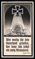 1939 'He Who Has Fallen Bravely for His Fatherland Builds Himself an Eternal Monument.', Propaganda Postcard, Third Reich Nazi Germany