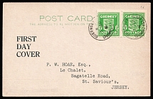 1941 (7 Apr) Guernsey, German Occupation, Germany, FDC Postcard from Guernsey to Jersey franked with pair of 0.5p (Mi. 1 d, Emerald Green Color, CV $50)