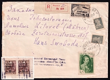 1937 (5 Sep) USSR Russia Registered cover from Moscow to Litovel, paying 1R 60k and 20k Foreign Philatelic Exchange surcharge on back
