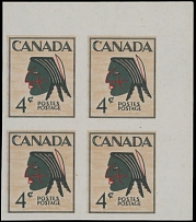 Canada - Modern Errors and Varieties - 1950(c), Indian Head essay of proposed design for multicolored 4c definitive stamp, top right corner sheet margin block of four, printed on gummed stamp paper, NH, VF, Est. $300- $400…