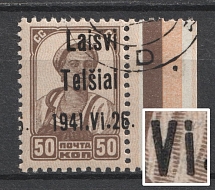 1941 50k Telsiai, Occupation of Lithuania, Germany (Mi. 6 III 2 e,  'Vi' instead 'VI', SHIFTED Overprint, Print Error, Type III, Canceled, CV $230)