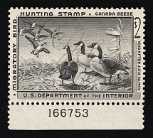 1958 $2 Duck Hunt Permit Stamp, United States (Sc. RW-25, Plate Number)