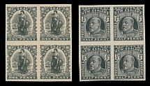 British Commonwealth - New Zealand - 1901, Universal Penny Postage and King Edward VII, two imperforate plate proofs of typo printing for 1p and ½p in black, blocks of four printed on thin card or thickened glossy paper, no gum …