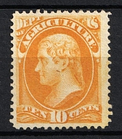 1873 10c Jefferson, Official Mail Stamps 'Agriculture', United States, USA (Scott O5, Yellow, Signed, CV $240)