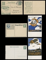 Worldwide Pioneer Flights - Germany - 1912, Air Mail Wiesbaden - Frankfurt on Main Charity stationery postcard 5pf+1m green, addressed to Wiesbaden, and two unused