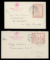 Denmark - 1946, two Austrian Prisoner's of War covers from TARP Camp at Esbjerg, sent to Norresundby or Odense, franked by official Camp stamps, first one by imperf one, the other one - by stamp with rouletted perf, Danish Red …
