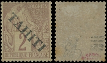 French Colonies - Tahiti - 1893, black reading down diagonal handstamped overprint ''TAHITI'' on Commerce 2c brown on buff paper, full OG with minor foxing, VF and rare, expertized by E. Diena, A. Roig and others, C.v. $3,200, …