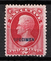1875 2c Jackson, Special Printing 'Specimen' on Official Mail Stamp 'Executive', United States, USA (Scott O11S, Carmine, Blue Overprint, CV $60)