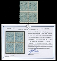 British Commonwealth - Australia - Official stamps - 1918-23, small perfin ''O S'' on King George V 1s4p turquoise blue, perforation 14, watermark Wide Crown Narrow A, misperforated block of four, bottom right stamp with wide …