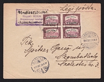 1920 (29 Dec) Hungary Airmail cover from Budapest to Szombathely franked with 3K a block of four
