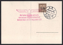 Liberation of ASCH. Card with local overprint and cancellation of 1938 (Sept 30). Commemorative red eagle. Occupation of Sudetenland, Germany