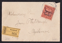 1919 Poland Registered Cover from Krakow to Myślenice, franked with Mi. 41