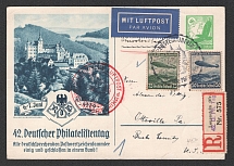 1936 (19 Jun) Germany, Hindenburg airship Registered airmail postcard from Lauenstein to Ottsvile (United States), Flight to North America 'Frankfurt - Lakehurst' (Sieger 417 B)