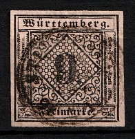 1851-52 9k Wurttemberg, German States, Germany (Mi. 4, Sc. 5, Canceled, CV $70)