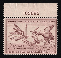1953 $2 Duck Hunt Permit Stamp, United States (Sc. RW-20, Plate Number, CV $90, MNH)