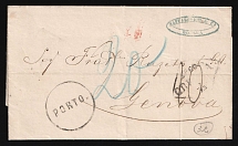 1866 (23 Apr) Russian Empire, Stampless Letter from Odessa to Genoa (Italy) ('Odessa' in Rhombus postmark, 'Porto.' in Circle Postmark, Red and Black boxed postmarks, Blue 'Raffalovich and Co Odessa' Oval Postmark, Triple CDS on back side)