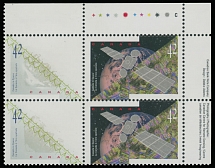 Canada - Modern Errors and Varieties - 1992, Canada in Space, 42c multicolored, top right corner sheet margin block of four with imprint on both edges, containing two horizontal se-tenant pairs, both left stamps have omitted …