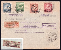 1924 (10 Jun) USSR Russia Registered Airmail cover from Moscow to Berlin, paying 60k and 3k Foreign Philatelic Exchange surcharge on back, Full set of 1924 airmail issue
