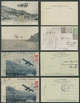 Worldwide Air Post Stamps and Postal History - Monaco - 1910-14, four PPC (Airplane in Flight), representing Biplane Voisin, Curtiss (forged air marking) and two cards …