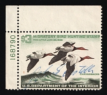 1965 $3 Duck Hunt Permit Stamp, United States (Sc. RW-32, Plate Number, Corner Margins, Canceled)
