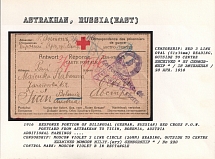 1916 Response Portion of Bilingual (German, Russian) Red Cross P.O.W. Postcard from Astrakhan to Ticin, Bohemia, Austria. ASTRAKTAN Censorship: red 3 line oval (51 x 34 mm) reading, outside to centre