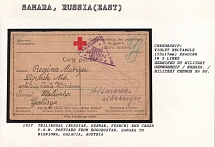 1917 Trilingual (Russian, German, French) Red Cross P.O.W. Postcard from Bugurustan, Samara to Wisniowa, Galacia, Austria. SAMARA Censorship: violet rectangle (55 x 17mm) reading in 3 lines