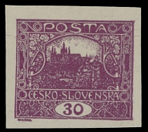 The One Man Collection of Czechoslovakia - Hradcany Issue - 1918, 30h dark violet, imperforate single of type I, full OG, NH, VF, several experts' hs on reverse, C.v. $150 as hinged, Pofis #13Na, CZK5,500, Scott #47e…
