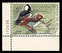 1968 $3 Duck Hunt Permit Stamp, United States (Sc. RW-35, Plate Number, Corner Margins, Canceled)