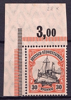 1906-19 30pf South West Africa, German Colonies, Kaiser’s Yacht, Germany (Mi. 28x, Corner Margin, Signed, CV $90, MNH)