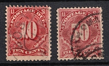1879 Postage Due Stamps, United States, USA (Scott J42, J44, Deep Claret, Canceled, CV $70)