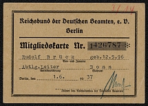 1937 A membership card issued to Rudolf Bruck, a Department Leader in Bonn