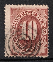1884 10c Postage Due Stamp, United States, USA (Scott J19, Red Brown, Canceled, CV $40)