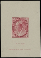 Canada - Queen Victoria ''Numeral'' issue - 1898, large die proof of 3c in carmine, size 41x59mm, printed on India paper with imprint ''F-113. American Banknote Co. Ottawa'', fresh quality, no gum as issued, VF and scarce, …