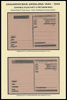 Carpatho - Ukraine - Postal Stationery Items - Surcharges on Field Post cards - 1945, black surcharges ''-.40'' directly on military card or on card over black Chust surcharge 18f, two of each printed on rose paper with black bar …