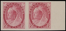 Canada - Queen Victoria ''Numeral'' issue - 1899, 2c carmine, Die II, right sheet margin horizontal imperforate pair printed on vertically wove paper, no gum as produced, NH, VF, C.v. $1,150, Unitrade C.v. CAD $1,500, Scott #77d…
