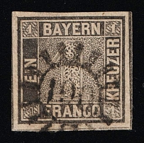 1850 1kr Bavaria, German States, Germany (Mi. 1 II, Used, CV $4,200)