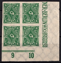 1922-23 4pf Weimar Republic, Germany, Corner Block of Four (Mi. 226 a U, IMPERFORATED, with Certificate, Inscription, CV $780)