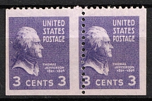 1938 3c Jefferson, Presidential Issue, United States, USA, Rotary Press Coil Stamp, Horizontal Pair (Scott 807, SHIFTED Perforation, MNH)