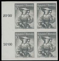 Austria - 1950, Costume of Vienna, 10s gray, left sheet margin imperforate block of four of the high value, printed on grayish paper, full original vertically placed gum, NH, VF, ANK #923U, €880 as singles, Scott #556 imp…