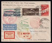 1932 Russia USSR Zeppelin Post LZ 127 South America Flight Moscow registered cover fr. 15k + 20k + 50k Airships via Berlin, Stuttgart and Friedrichshafen (Bodensee) Germany to Brazil Air Mail