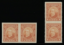Canada - 60th Anniversary of the Confederation - 1927, Sir John A. Macdonald, 1c orange, horizontal imperforate pair and vertical pair imperforate horizontally, full OG, NH (imperf) or LH, VF, approximately 250 pairs possible, …