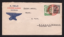 1923 (15 Nov) Colombia Airmail cover from Manizales to Bremen (Germany) addition franked stamp of 'SCADTA' first airline in Latin America and violet handstamp on the back