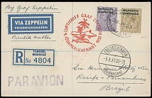 Worldwide Air Post Stamps and Postal History - GB Offices in Morocco - Zeppelin Flight - 1933 (August 5-9), 5th SAF registered postcard to Brazil, franked by two stamps in British Currency, Friedrichshafen ''5.8.33'' connection, …