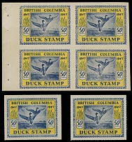 Canada - Wildlife Conservation - BRITISH COLUMBIA DUCK STAMPS: 1947, Mallards Rising, 50c yellow and blue, booklet pane of four and two singles, one with broken ''D'' variety, booklet and error stamps with full OG, NH, remained …