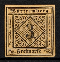 1851-52 3k Wurttemberg, German States, Germany (Mi. 2, Sc. 2, CV $460)