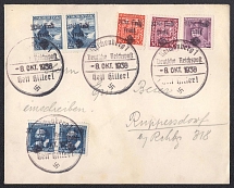 1938 (Oct 8) Letter with stamps from the local REICHENBERG issue (Liberec). Large provisional postmark. Recommended addressed to RUPPERSSDORF. Occupation of Sudetenland, Germany