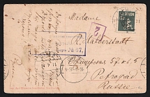 1916 Petrograd Censorship, WWI Censored postcard from Norway to Petrograd with blue boxed censor handstamp 'Opened by censor 67'