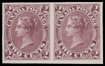 Canada - First Cents issue - 1864, Queen Victoria, imperforate trial color proof of 2c in claret, horizontal pair printed on India paper and mounted on card, both with a dash in lower right ''2'' variety, no gum as produced, NH, …