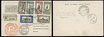 Worldwide Air Post Stamps and Postal History - Eritrea - Zeppelin Flights - 1932 (October 24-27), 9th SAF registered postcard, franked by 6 values of the African Types and Scenes 15c-5L, tied by Asmara ''27.9.32'' ds, …